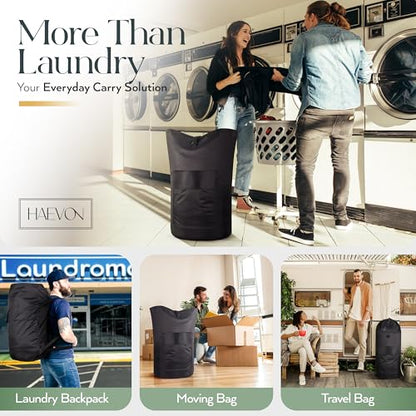 Haevon Laundry Backpack - 131L Heavy Duty Laundry Bag with Padded Shoulder & Waist Straps, Removable Liner - College, Dorm, Apartment, Travel, Outdoor - Big Laundry Bag for Easy Carrying (Black) - color: All Black