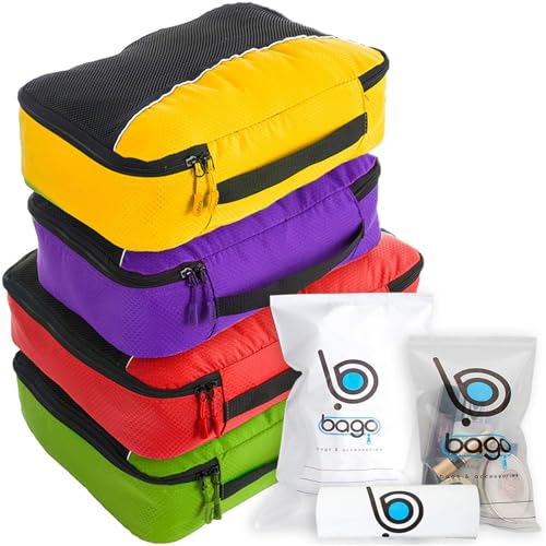bago 7 Pcs Packing Cubes for Travel - 4 Travel Packing Cubes for Suitcases with 3 ZipLock Bags - Luggage Organizer Bags to Get Maximum Storage, Save Time & Effort to Pack (Green Red PurpleYellow) - color: GreemRedPurpleYellow, size: 4pcs Set