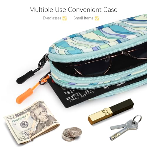Double Eyeglasses Case Soft Portable Zipper Sunglasses Pouch with Keychain Clip for Men Women - color: Light Blue Wave