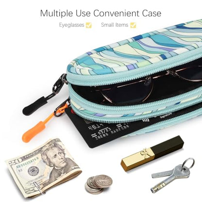Double Eyeglasses Case Soft Portable Zipper Sunglasses Pouch with Keychain Clip for Men Women - color: Light Blue Wave