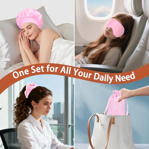 Satin Hair Bonnet Set for Sleeping, Hair Wrap Sleep Bonnets for Women Sleeping, Soft Bonnet for Long Hair, 4 PCS - color: Pink2