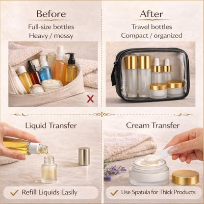 18Pack Glass Travel Bottles for Toiletries, TSA Approved Glass Travel Containers 1.35/0.7/1 oz Golden Small Travel Bottles with Label, BPA Free Leak Proof with Pump Spray Bottles for Makeup, Skincare - color: Golden-frosted glass