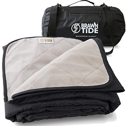 BRAWNTIDE Large Waterproof Outdoor Blanket, Extra Thick Fleece, Warm, Windproof & Sandproof, Quilted Stadium Blanket for Sports Events, Beach, Camping, Picnics, Dogs & Car, 82" x 55 - color: Black