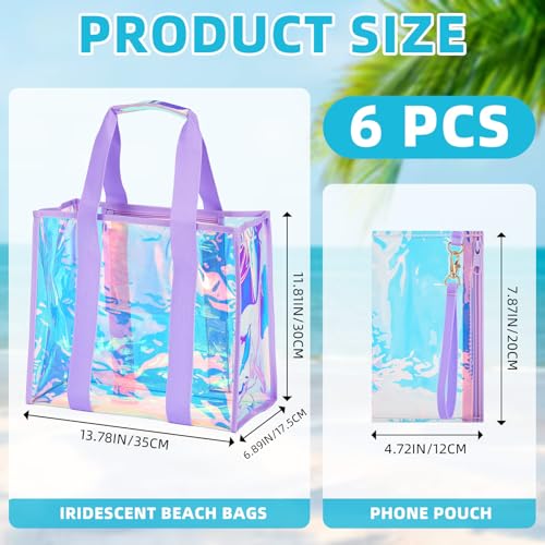 Hsei 6 Pcs Clear Iridescent Beach Bag with Phone Pouch for Women Beach Travel Large Waterproof Tote Bags for Vacation Picnic - color: Iridescent Purple