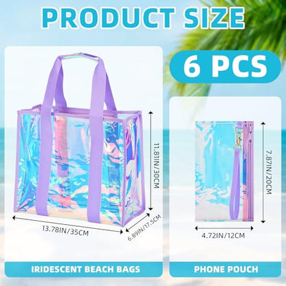 Hsei 6 Pcs Clear Iridescent Beach Bag with Phone Pouch for Women Beach Travel Large Waterproof Tote Bags for Vacation Picnic - color: Iridescent Purple
