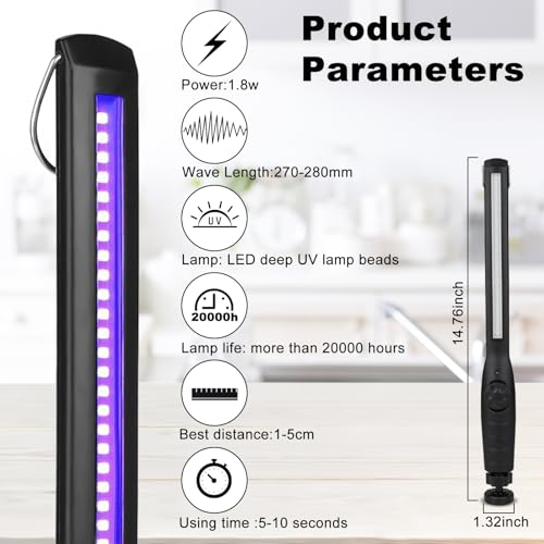 UV Light Sanitizer Wand – Portable Ozone-Free Ultraviolet Disinfection Lamp, USB Rechargeable, Kills 99.9% of Germs & Bacteria, Family & Pet Safe. for Home, Travel, Hotel, Car & Pet Areas