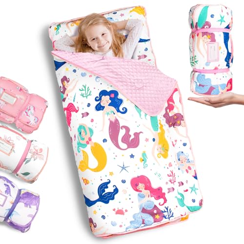 Primlect Thickened Toddler Nap Mat with Removable Pillow and Minky Blanket, Extra Large 55''x35'' Sleeping Bag, Washable, Roll up, Perfect for Daycare, Preschool, Kindergarten, Boys and Girls Mermaid - color: Mermaid