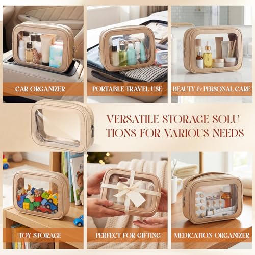 Abbylike 4 Pcs Nude Clear Makeup Bag PU Leather Tsa Approved Toiletry Bag with Zipper Transparent Waterproof Portable Cosmetic Bags Travel Car Clear Organizer Bags for Women Girls Mother's Day - color: Nude