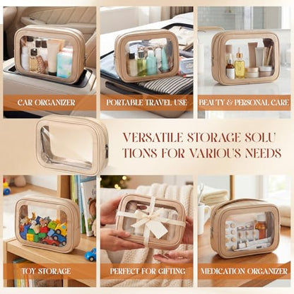 Abbylike 4 Pcs Nude Clear Makeup Bag PU Leather Tsa Approved Toiletry Bag with Zipper Transparent Waterproof Portable Cosmetic Bags Travel Car Clear Organizer Bags for Women Girls Mother's Day - color: Nude