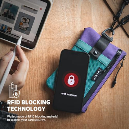 VULKIT RFID Blocking Travel Wallet for Women, Water Resistant Passport & Phone Holder with Detachable Lanyard and Key Ring, Lightweight Zipper Travel Wallet - color: AquaGreen Purple