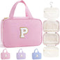 TOPEAST Hanging Toiletry Bag for Women - Travel Initial Toiletry Bag, Portable Toiletries Makeup Pouch, Airplane Travel Essentials - Letter P, Pink - color: Pink, style: P