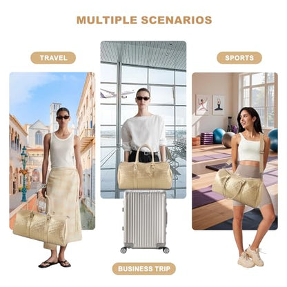 Weekender Bags for Women Woven Leather Travel Duffle Bag with Shoe Compartment, Carry On Garment Bag for Men Women, Large Capacity Water-resistant Gym Tote (Gold) - color: Gold
