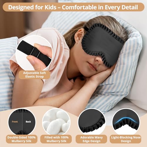 Kids Sleep Mask, 100% Real Mulberry Silk Eye Mask, Sleeping Mask for Kids with Adjustable Elastic Band, Soft & Light Blocking Eye Cover Gift for Boys Girls Teens Age 5+ (Black) - color: Black