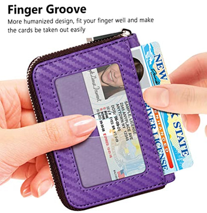 FurArt Zipper Wallet Women, RFID Blocking Credit Card Wallet, Business Card Holder, Compact Size KeyChain Wallet - color: Carbon Fiber Purple