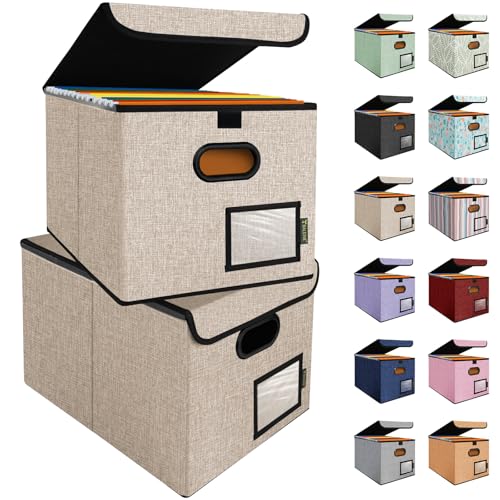 BALEINE File Organizer Box with Lid, Collapsible File Folder Organizer with Plastic Slide, Hanging File Folder Box for Office Document Storage (2 Pack, Beige) - color: Beige, size: 2 Pack