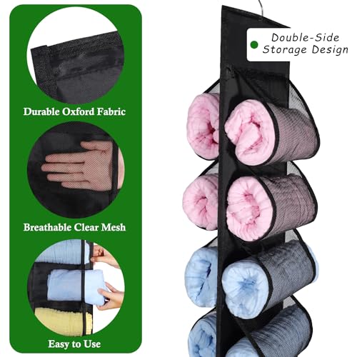 2 Pack Legging Storage Organizer, Hanging Legging Storage Hanger with 20 Roll Compartments, Foldable Clothes Roll Holder for Yoga T-Shirts Pants Jeans Towels