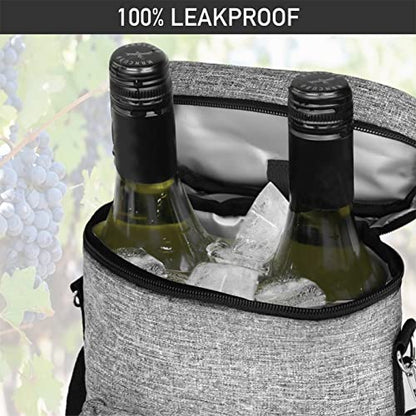 opux Wine Bag 2 Bottle Wine Tote Carrier, Insulated Wine Cooler Bag for Travel Picnic, Leakproof Portable Padded Case, Wine Gifts For Women Men Wine Lovers Christmas, Heather Gray - color: Heather Grey