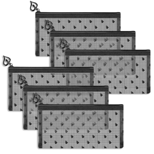 6 Pack Mini Zipper Mesh Makeup Bags, Heart Print Nylon Cosmetic Bags Toiletry Bags for Office Travel Organization (Black, M) - color: Black, size: M