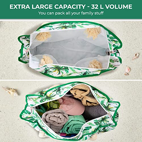 Beach Bag and Pool Bag Has Cooler Pocket, 7 Pockets Total, Zip Top. Family Size Waterproof Beach Tote - color: Palm Leaves