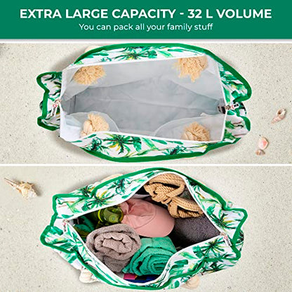 Beach Bag and Pool Bag Has Cooler Pocket, 7 Pockets Total, Zip Top. Family Size Waterproof Beach Tote - color: Palm Leaves