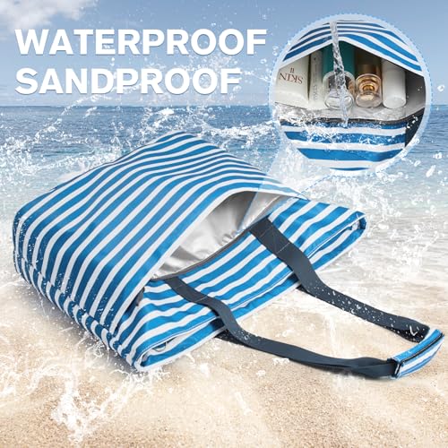 G4Free Beach Bag, Waterproof Beach Bags for Women, Personalized Strap Tote Bag for Women Birthday Gifts - color: Deep Blue Stripe