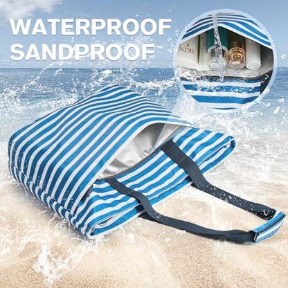 G4Free Beach Bag, Waterproof Beach Bags for Women, Personalized Strap Tote Bag for Women Birthday Gifts - color: Deep Blue Stripe