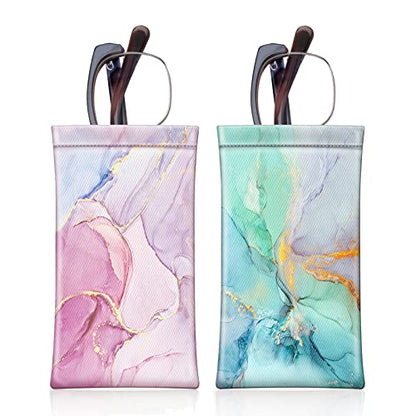 [2 Pack] Fintie Eyeglasses Pouch with Cleaning Cloth, Portable Squeeze Top Leather Glasses Case Sunglasses Bag, Glittering Marble + Emerald Marble - color: Glittering Marble + Emerald Marble