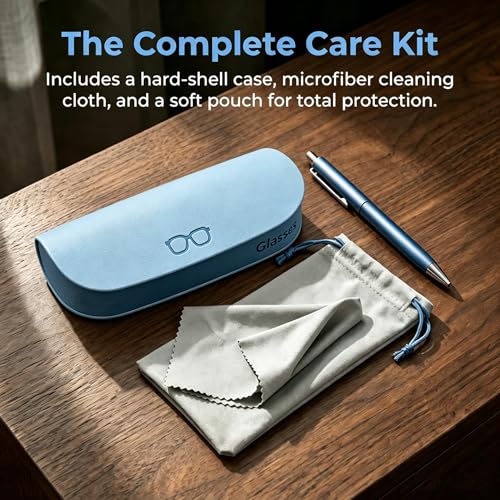 Glasses Case hard shell,3-in-1 Sunglasses Case & Eyeglass Case with Cleaning Cloth & Storage Pouch - color: Light Blue