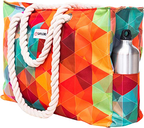 Beach Bag and Pool Bag Has Cooler Pocket, 7 Pockets Total, Zip Top. Family Size Waterproof Beach Tote - color: Colorful Starfish