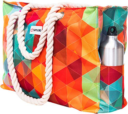 Beach Bag and Pool Bag Has Cooler Pocket, 7 Pockets Total, Zip Top. Family Size Waterproof Beach Tote - color: Colorful Starfish
