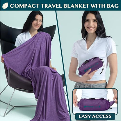 PAVILIA Travel Blanket Airplane Compact with Bag, Lightweight Soft Fleece Plane Blanket Long Flights, Camping Road Trips, Packable Travel Gift Essentials with Luggage Backpack Strap, 65x40, Purple - color: Purple