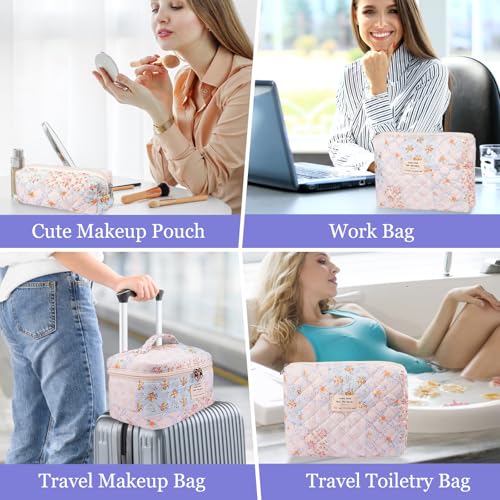 Gosect Makeup Bag Set, Quilted Makeup Bags, Large Floral Cosmetic Bag for Women, Cute Cotton Makeup Bags, Flower Travel Toiletry Organizer Bag (Folk Style) - color: MZF
