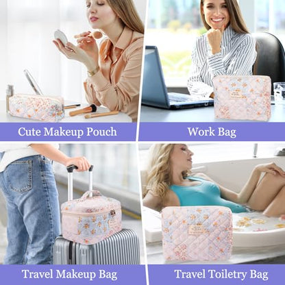 Gosect Makeup Bag Set, Quilted Makeup Bags, Large Floral Cosmetic Bag for Women, Cute Cotton Makeup Bags, Flower Travel Toiletry Organizer Bag (Folk Style) - color: MZF