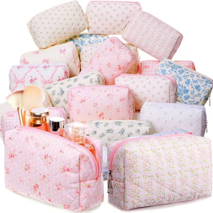 Paterr 20 Pcs Cotton Quilted Makeup Bag Bulk Coquette Cosmetics Bag Flower Aesthetic Essential Pouch Emergency Travel Toiletry Cotton Pouch Gifts for Women (Bow Floral) - style: Bow Floral