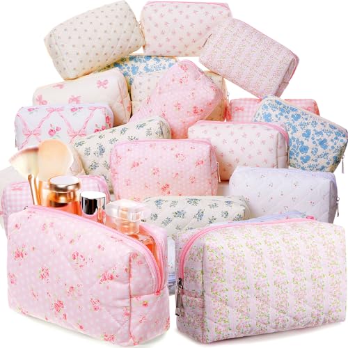 Paterr 20 Pcs Cotton Quilted Makeup Bag Bulk Coquette Cosmetics Bag Flower Aesthetic Essential Pouch Emergency Travel Toiletry Cotton Pouch Gifts for Women (Bow Floral) - style: Bow Floral