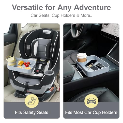 Car Seat Snack Tray for Toddlers - 3 Inch Cup Holder Fits Most Sippy Cups & Straw Bottles with Dip Well, Mess-Free Square Kids Travel Tray Road Trip Essentials, Grey - color: Grey