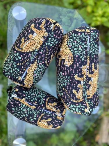 YILLE Set of 3 Pieces Block Printed Travel Organizer Kit Storage Bag for Women Makeup Bag Travel Cosmetic Bag (Black Cheetah) - color: Black Cheetah