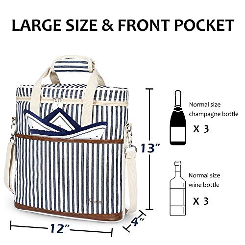 Tirrinia Insulated Wine Gift carrier - 3 Bottle Travel Padded Wine Carry Cooler Tote Bag with Handle and Adjustable Shoulder Strap, Stripe - color: Blue Stripe