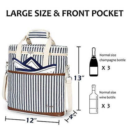 Tirrinia Insulated Wine Gift carrier - 3 Bottle Travel Padded Wine Carry Cooler Tote Bag with Handle and Adjustable Shoulder Strap, Stripe - color: Blue Stripe