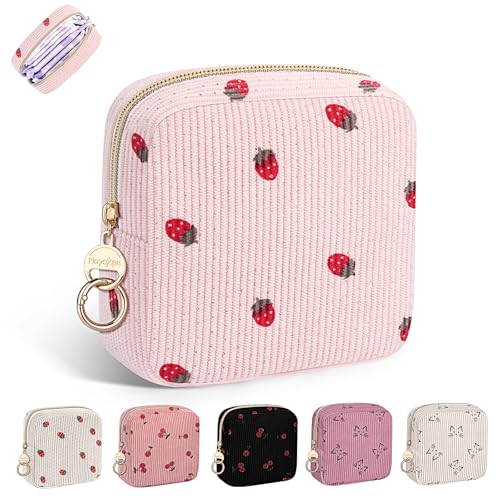 Cute Period Bag for Teen Girls, Corduroy Sanitary Napkin Storage Bag, Menstrual Pad Pouch Tampon Holder for Purse (Pink-Strawberry) - color: Strawberry-pink