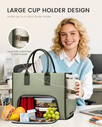 LOVEVOOK Work Tote Bag with Lunch Compartment with Giant Tumbler Holder,15.6 Inch Waterproof 3 in 1 Lunch Bag Women Men Laptop Bag Purse Tote with Padded Sleeve for Teacher,Nurse,College,Travel,Office - color: Emerald green - Venetian green - Dark patina
