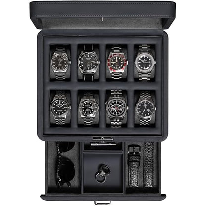 ROTHWELL 8 Slot Leather Watch Box with Valet Drawer - Luxury Case Display Jewelry Organizer, Locking Display Case Holder with Real Glass Top - Watch Box Organizer for Men & Women (Carbon) - color: 8 Slot - Carbon