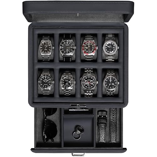 ROTHWELL 8 Slot Leather Watch Box with Valet Drawer - Luxury Case Display Jewelry Organizer, Locking Display Case Holder with Real Glass Top - Watch Box Organizer for Men & Women (Carbon) - color: 8 Slot - Carbon