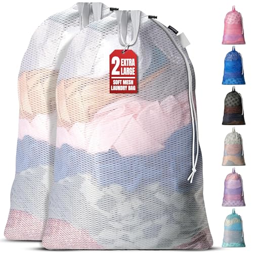 Mesh Laundry Bags 24 x 36 Inches, 2-Pack - Handy Laundry Extra Large Heavy Duty Bag with Drawstring, Handles, Breathable Machine Washable Wash Sack for Dorm, Travel, Hamper Liner - color: White, size: 2-Pack
