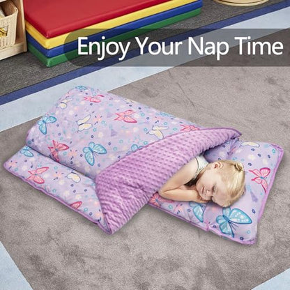 Primlect Toddler Nap Mat Extra Large Thickened 55''x35'', Soft Sleeping Bag with Detachable Minky Blanket and Pillow, Portable for Daycare, Preschool, Kindergarten, Travel, Boys and Girls - color: Purple Butterfly