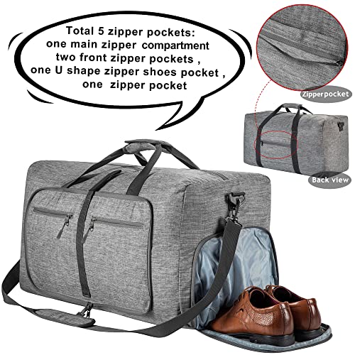 Vomgomfom 65L/85L/115L Foldable Travel Duffle Bag, Lightweight Checked Luggage with Shoe Compartment, Water-Resistant Weekender Overnight Bag for Men & Women - color: A Gray, size: 85L