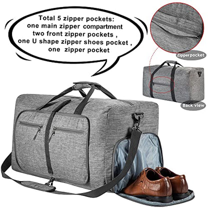 Vomgomfom 65L/85L/115L Foldable Travel Duffle Bag, Lightweight Checked Luggage with Shoe Compartment, Water-Resistant Weekender Overnight Bag for Men & Women - color: A Gray, size: 65L