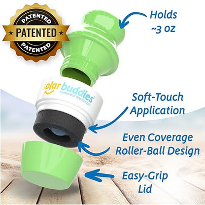 Solar Buddies Grab & Go Travel Bundle, Carabina Clip & Cleaning Brush - Single Full Green - Refillable Roll on Sponge Sunscreen, Suncream & Lotion Applicator For Kids, Adults & Families - Holds 100ml - color: Full Green Single