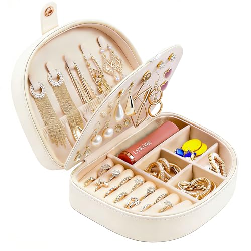 QBestry Travel Jewelry Case for Women Girls, Seashell-Shaped Small Jewelry Box with 40 Earring Holders & 5 Necklace Hooks,Leather Portable Jewelry Organizer for Necklace Ring Earring Travel Case Beige - color: Beige
