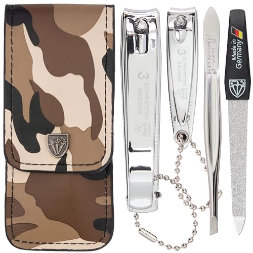 3 Swords Germany - Brand Quality 4 Piece Manicure Pedicure Grooming kit Set for Professional Finger & Toe Nail Care Tweezers File Clipper Fashion Leather case in Gift Box, Made by 3 Swords (03621) - color: Camouflage / Army Look